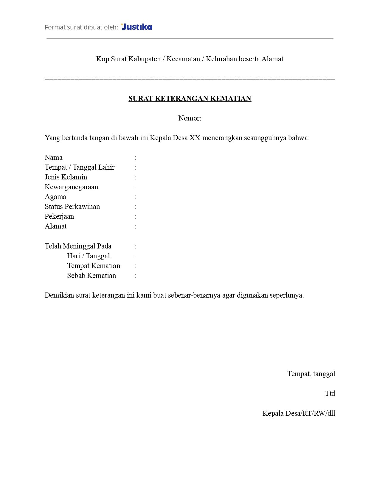 Contoh Surat Kematian Serta Format Pembuatanya