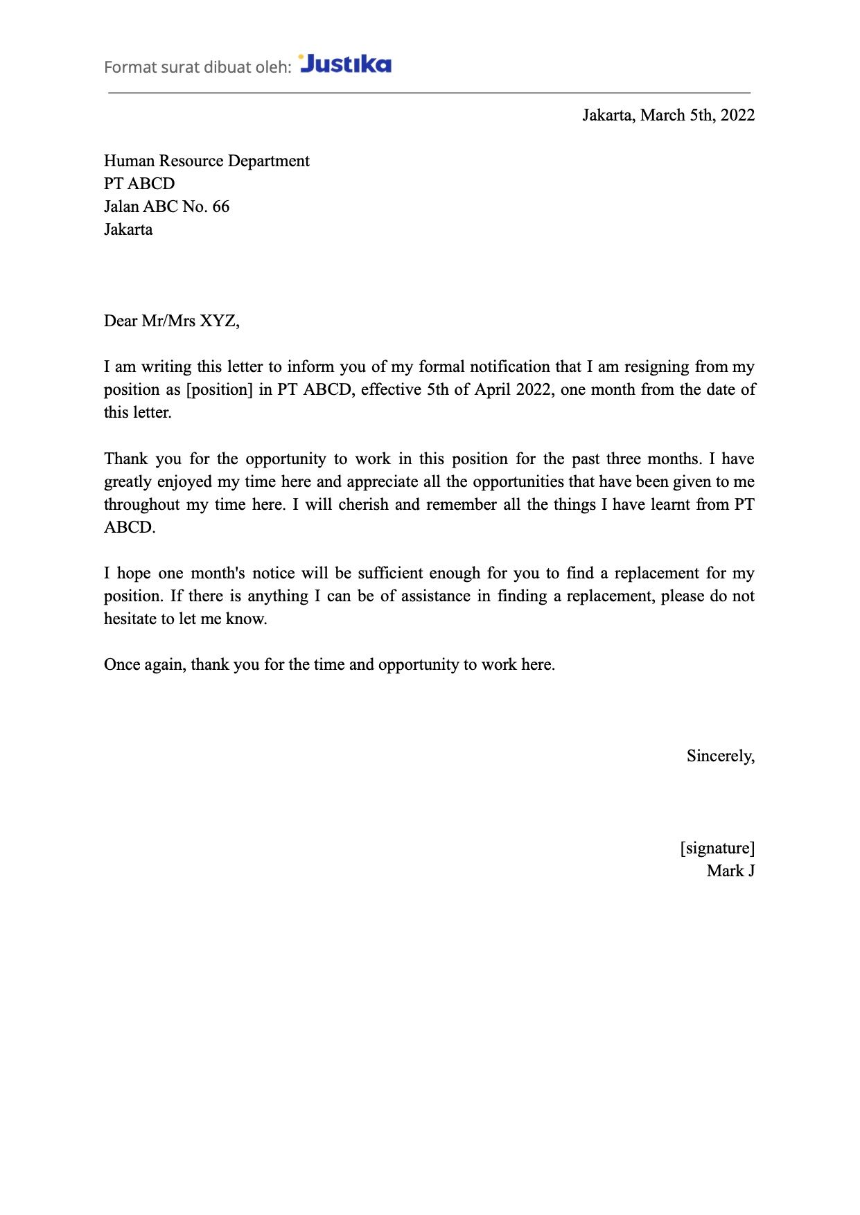 Contoh Surat Resign Bahasa Inggris